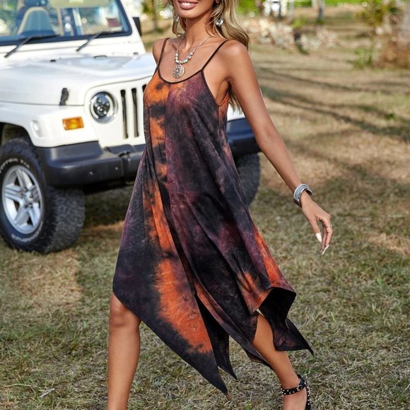 Multicolor boho Womens Tie Dye Asymmetrical Hem Cami Dress - Picture 5 of 5